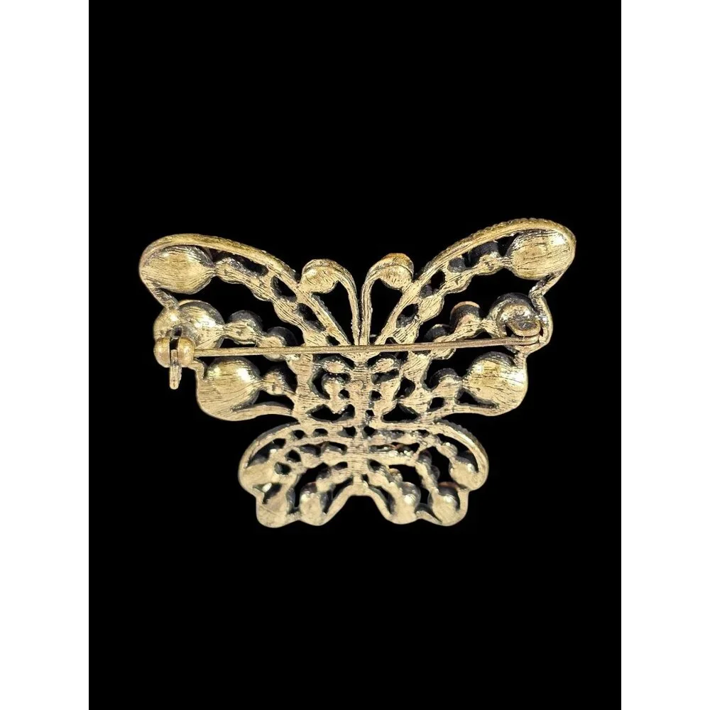 Vintage Butterfly Brooch Amber Yellow Rhinestone Gold Tone Statement Pin